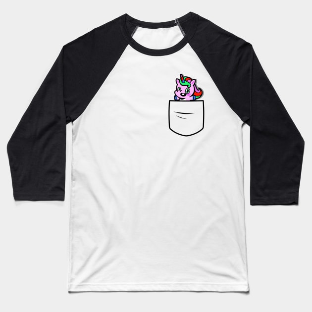 Funny Cute Kawaii Unicorn Cartoon Pocket Design Gift For Kids Baseball T-Shirt by Keira's Art